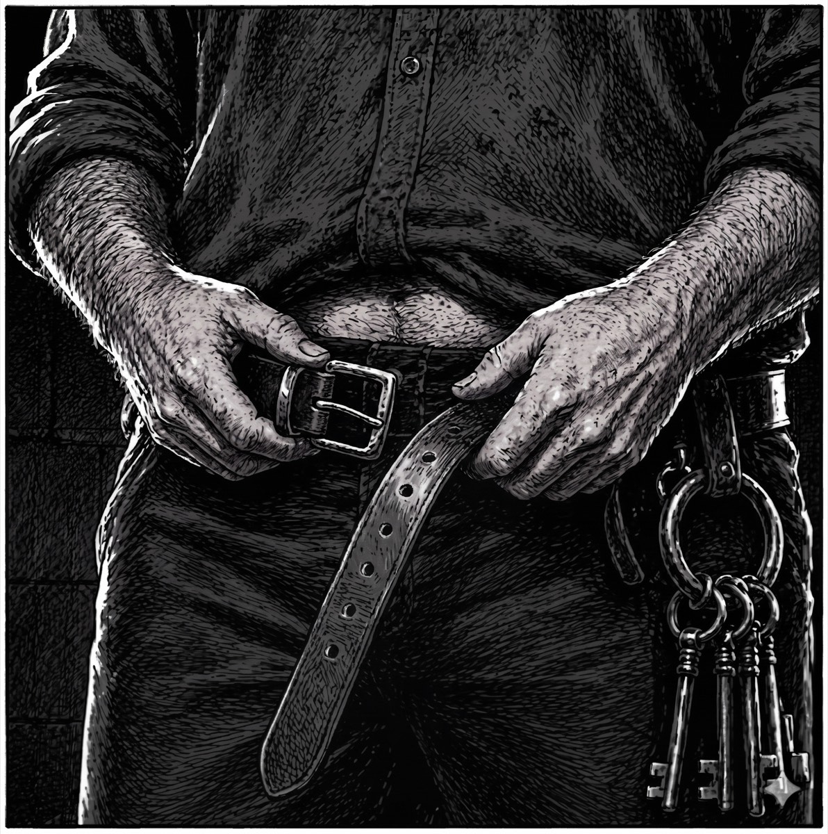 Close view of a guard's waist in deep shadow: weathered hands unbuckling a heavy leather belt, a ring of iron keys and a shackle hanging at the hip.