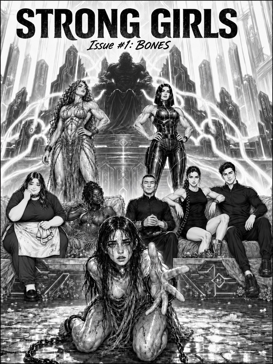Cover of Strong Girls Issue #1: Bones. Two towering, heavily muscled women stand before a throne in a vast futuristic hall while a collared, chained young woman reaches toward the reader from the floor.