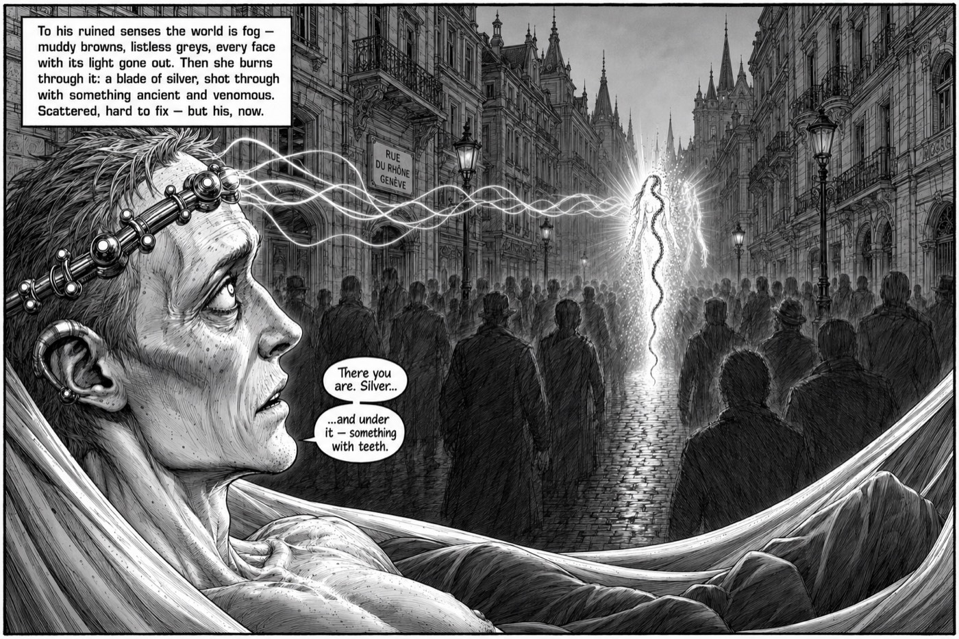 A ruined old man in a metal circlet lies in the foreground while a figure made of pure white light walks up a crowded nineteenth-century boulevard toward him.