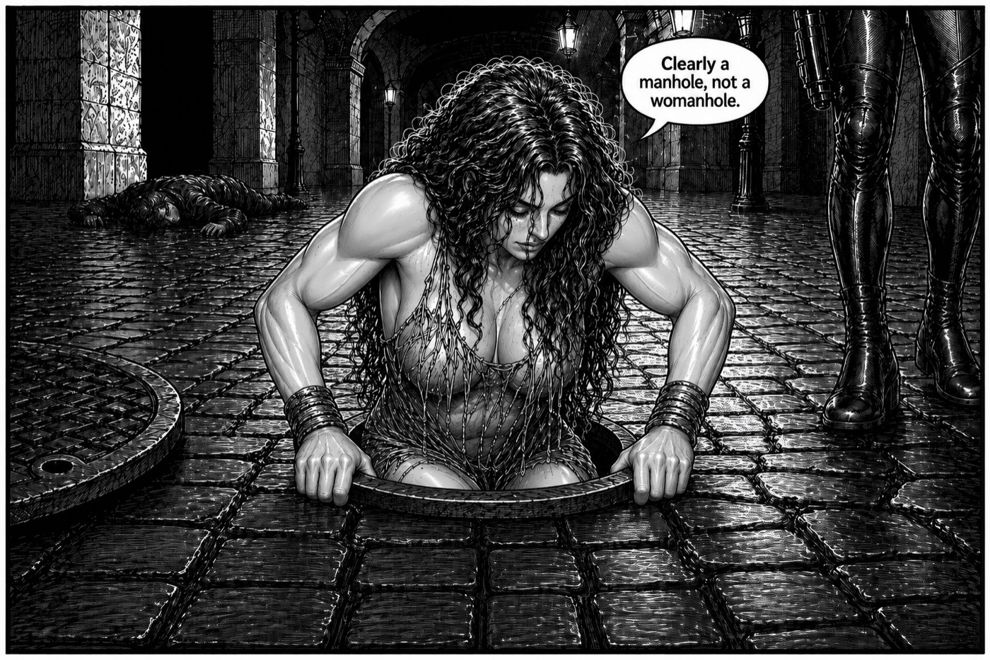 A hugely muscled woman lifts a cast-iron manhole cover one-handed as she climbs out of the street, watched by a pair of boots at the panel's edge.