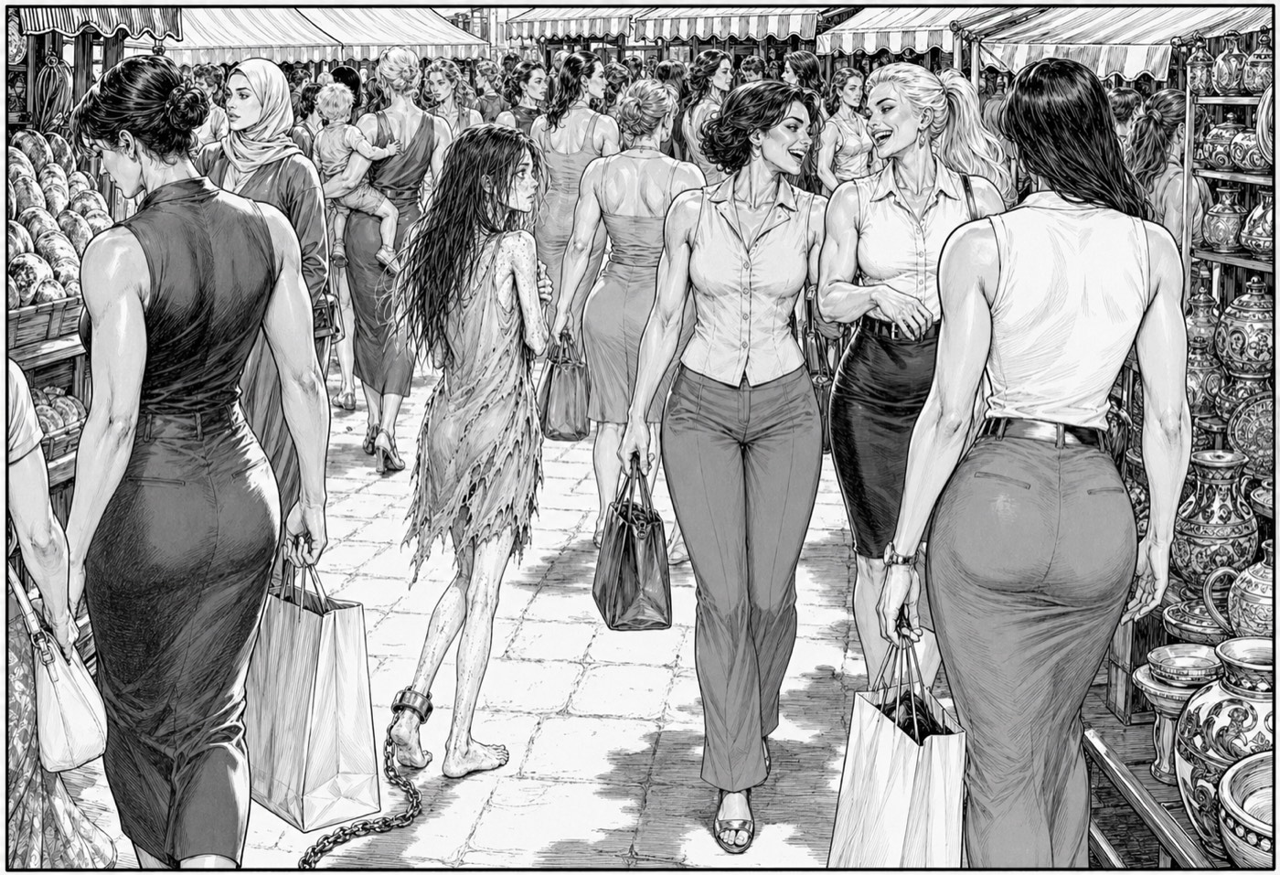 A crowded daylight market. Every woman in the crowd is powerfully muscled and dressed for an ordinary errand; among them a thin, ragged girl walks barefoot with a chain running from a shackle at her ankle.