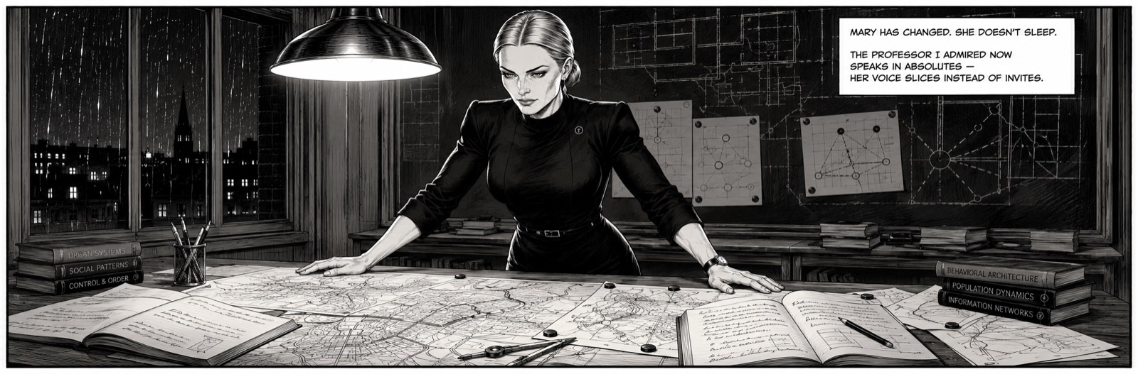 A woman in black leans on a table covered in maps and open diaries under a single hanging lamp, a night city in the window behind her. She is planning.