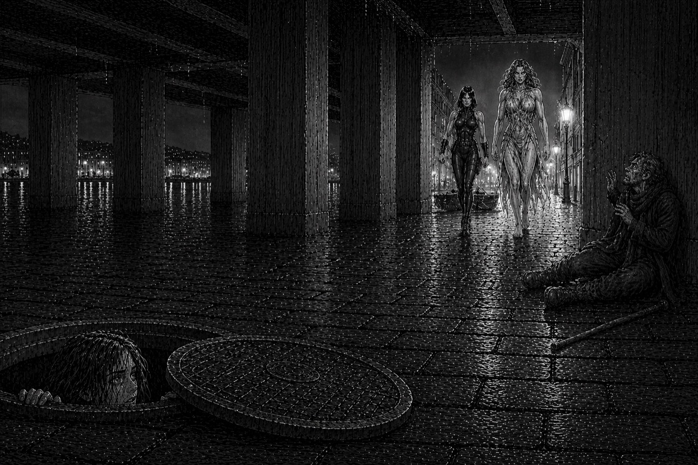 Night rain on a colonnaded waterfront. Two powerfully built women walk out of the lamplight while a girl watches them from inside an open manhole in the foreground.