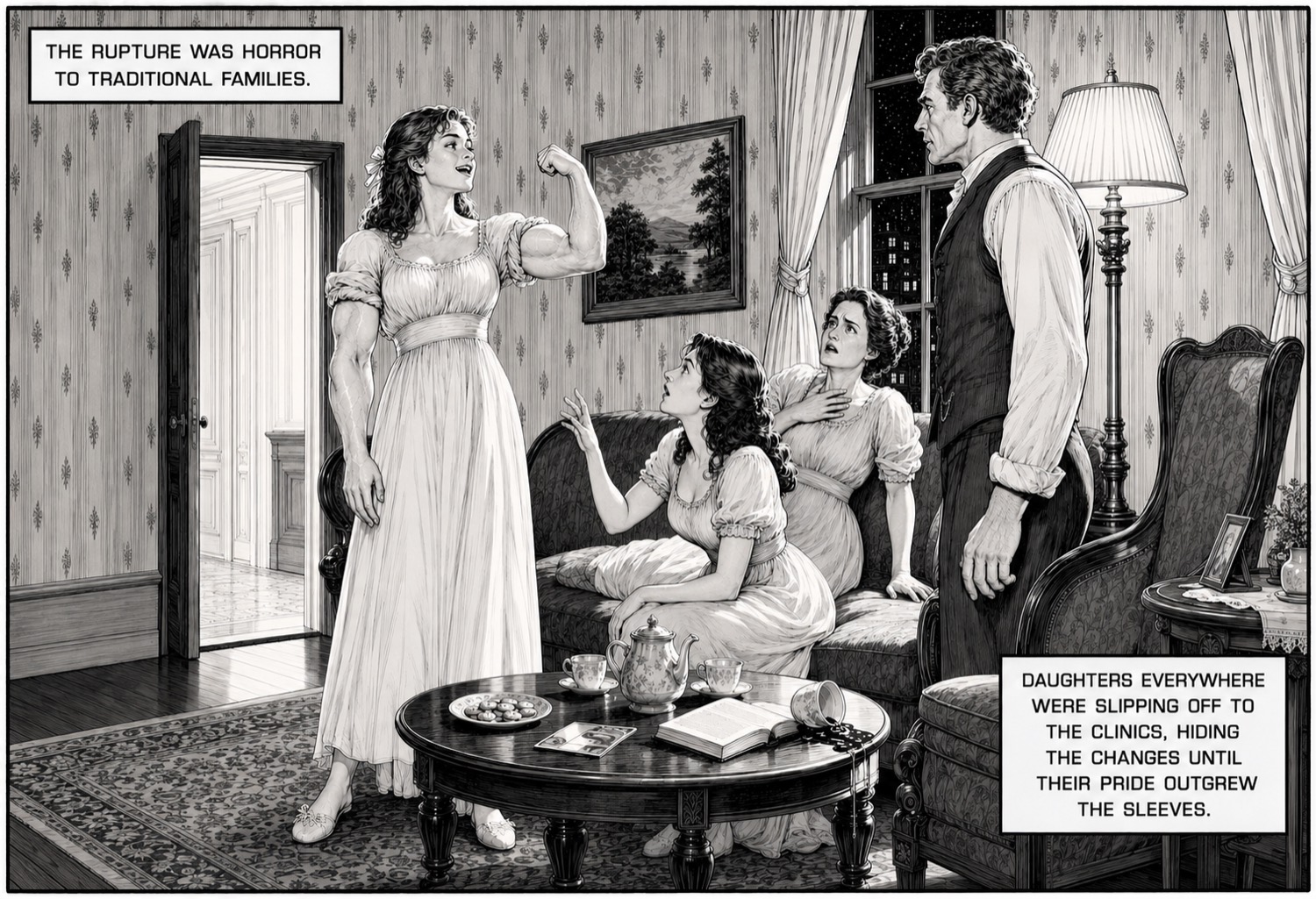 A period parlour. A young woman in a long dress proudly flexes a huge bicep while her seated sister and mother recoil and her father stares, appalled.